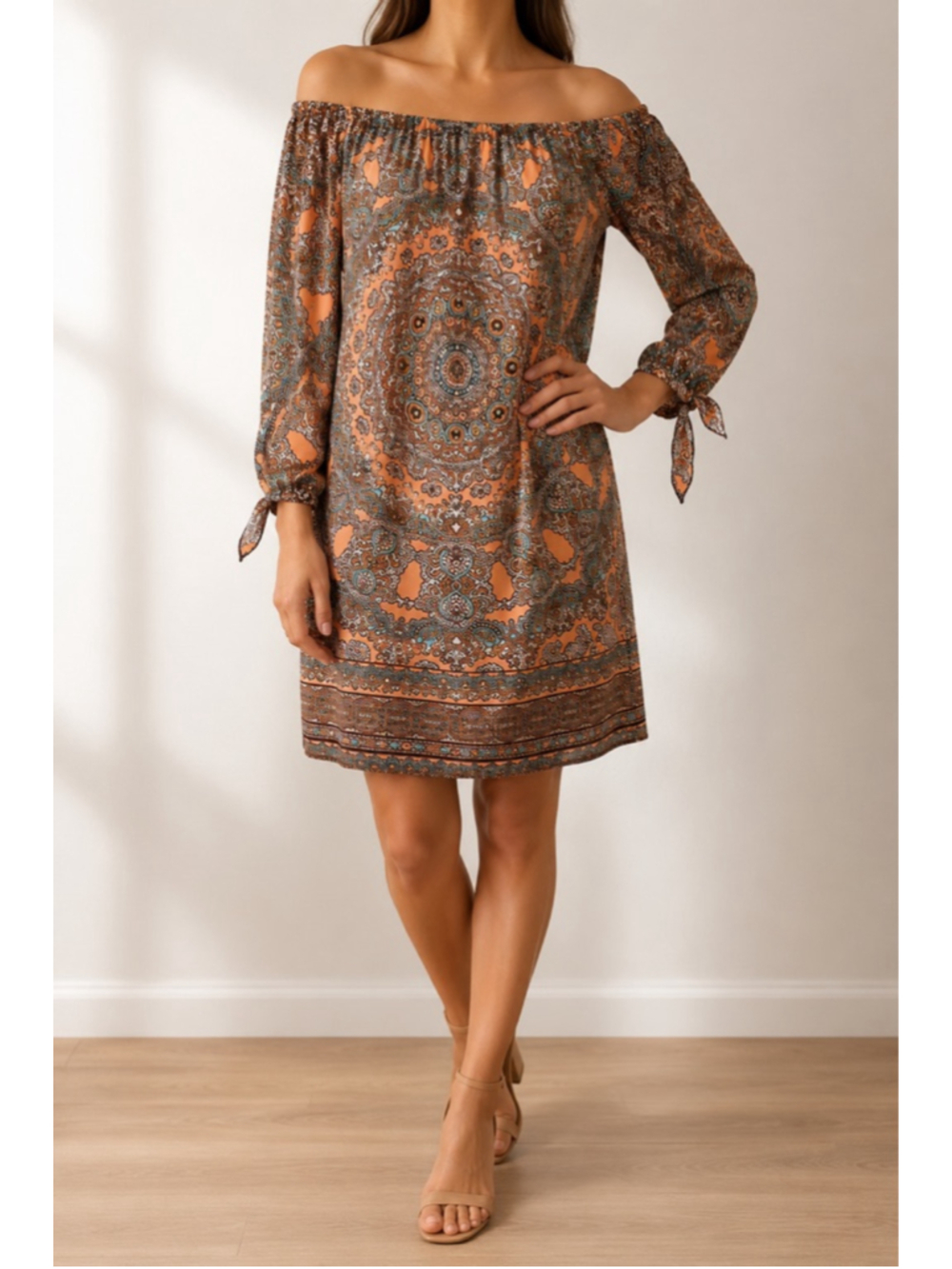 Tacera Off Shoulder Paisley Medallion Dress Sz S Peach Boho EUC - Picture 1 of 11